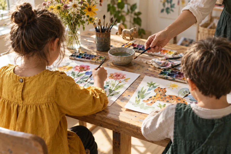 Çocuk sanat kursunu temsilen suluboyayla çiçek ve hayvan resimleri yapan çocuklar
