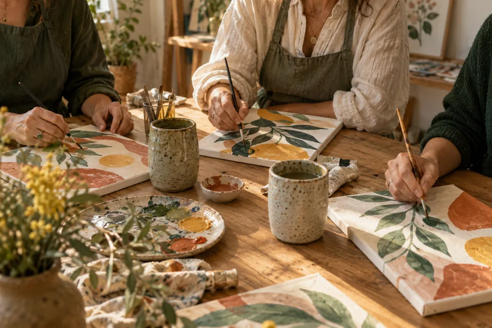 Sanat workshopunu temsilen aynı masada botanik resimler yapan yetişkinlerin elleri